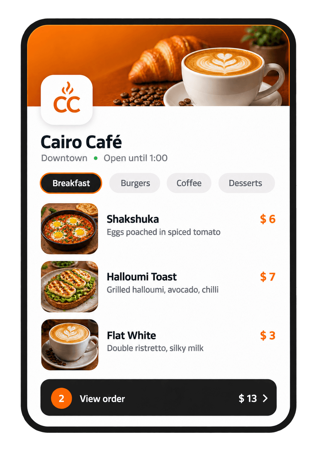 A phone showing a Cairo Café digital menu: categories, dishes with photos and prices, and an order button.